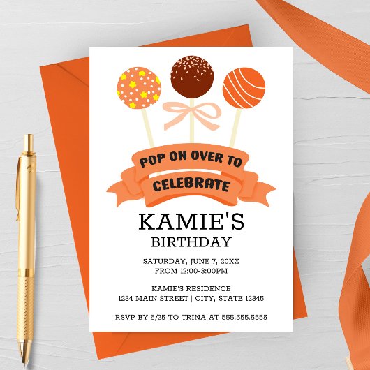 Invitation Orange Cake Pops fête d'anniversaire