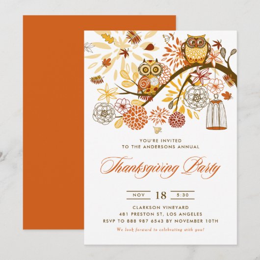 Invitation Orange Chouettes Festives Thanksgiving Party (Devant / Derrière)