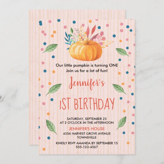 Invitation orange Citrouille d'aquarelle (Devant / Derrière)