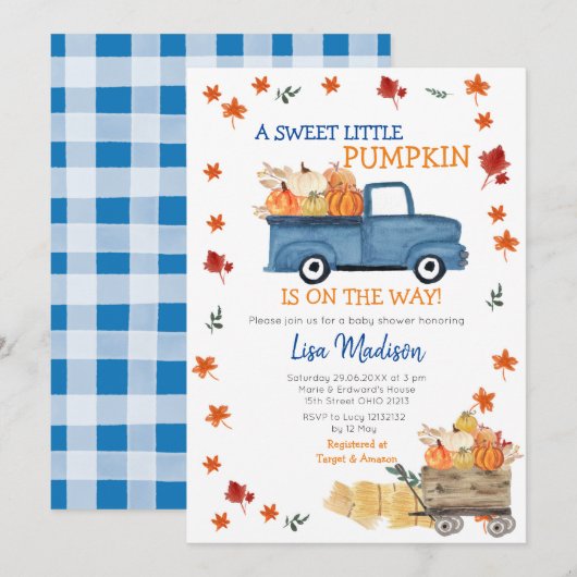 Invitation Orange Citrouille Truck Baby shower fille Invitati (Devant / Derrière)