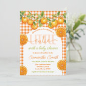 Invitation Orange Citrus En vichy Baby shower Little Cutie (Debout devant)