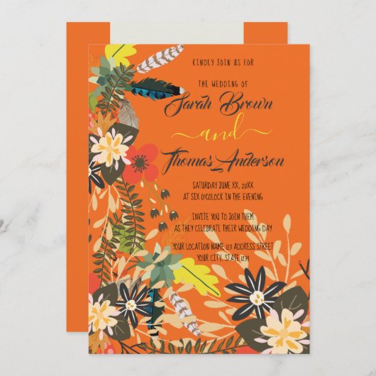 INVITATION ORANGE COLORÉ BOHO FLORAL (Devant / Derrière)