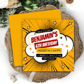 Invitation Orange Comic Superhero Pop Art Kids 6th Birthday