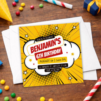 Invitation Orange Comic Superhero Pop Art Kids 6th Birthday