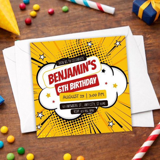 Invitation Orange Comic Superhero Pop Art Kids 6th Birthday