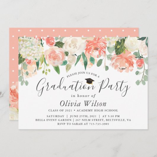 Invitation Orange Coral Peach Flowers (Devant / Derrière)