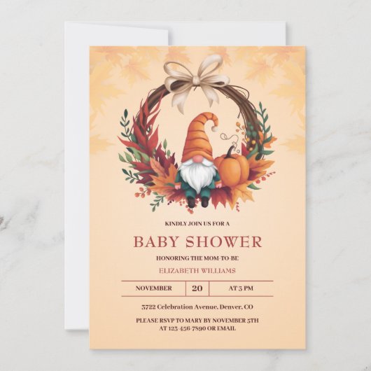 Invitation Orange Cute Gnome Fall Citrouille Baby shower de c (Devant)
