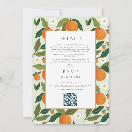 Invitation Orange Cute Green Summer Mariage QR Code (Dos)