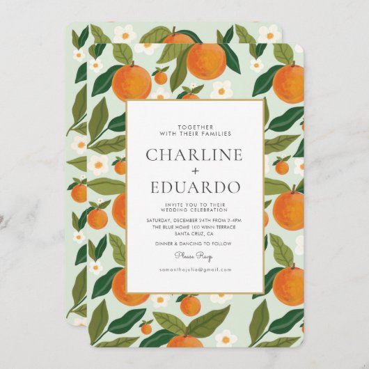 Invitation Orange Cute Green Summer Mariage QR Code (Devant / Derrière)