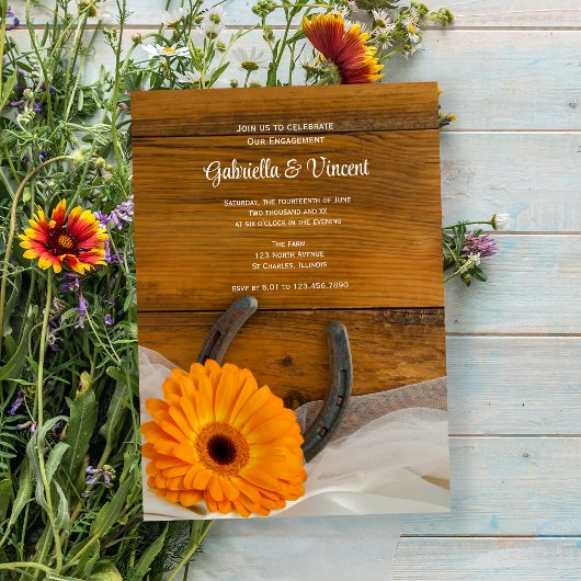 Invitation Orange Daisy Horseshoe Western Engagement Party