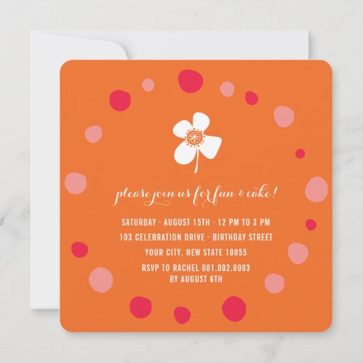 Invitation Orange Daisy Pop Carré fille Anniversaire Photo In (Dos)