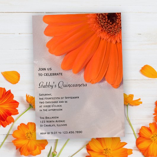 Invitation Orange Daisy sur Satin Quinceanera Party Invitatio