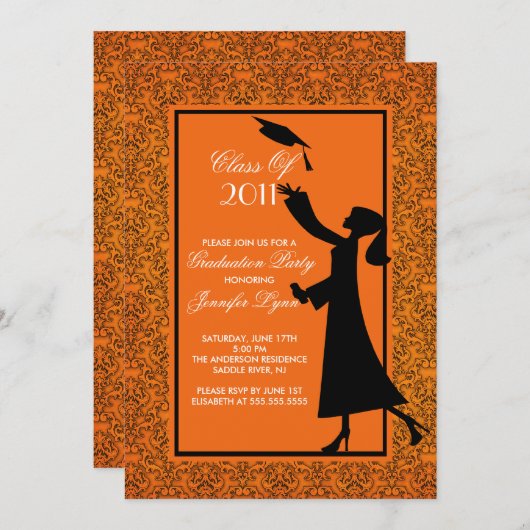 Invitation Orange Damask Diplômé (Devant / Derrière)