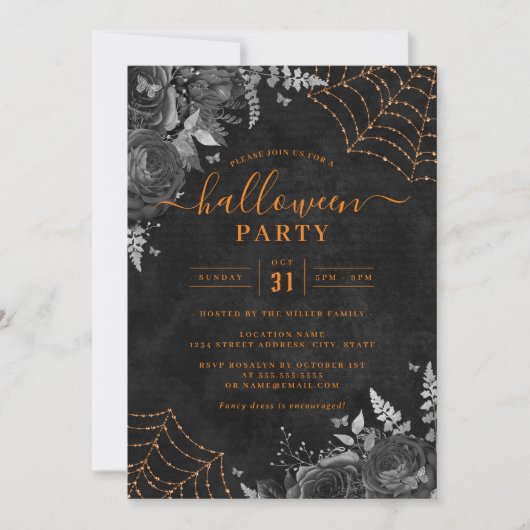 Invitation Orange Dark Éffrayant Floral Cobwebs Halloween Par (Devant)
