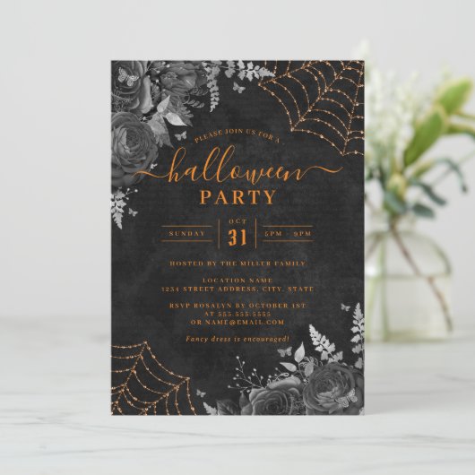Invitation Orange Dark Éffrayant Floral Cobwebs Halloween Par (Debout devant)