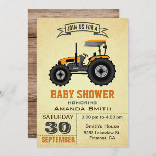 Invitation orange de baby shower de tracteur de