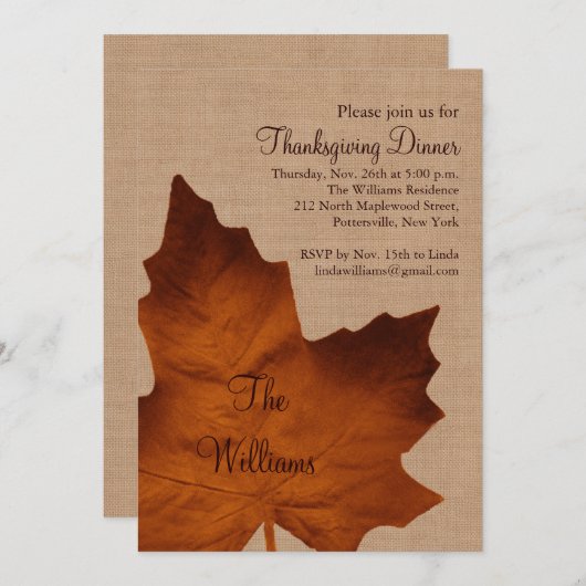 Invitation orange de dîner de thanksgiving de (Devant / Derrière)