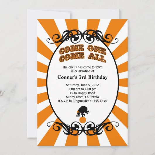 Invitation Orange d'invitation de carnaval de cirque (Devant)