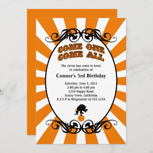 Invitation Orange d'invitation de carnaval de cirque (Devant / Derrière)