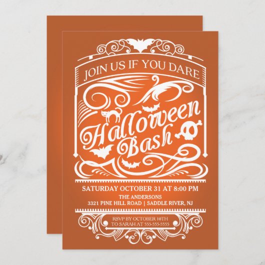 Invitation Orange Éffrayant Gothique Halloween (Devant / Derrière)