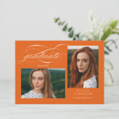 Invitation Orange Elegant Script 3 Photo Graduation Party (Debout devant)
