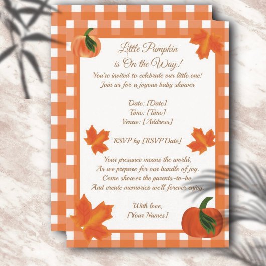 Invitation Orange En vichy Baby shower Citrouille