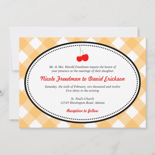 Invitation Orange en vichy pays rustique cerise rouge mariage (Devant)