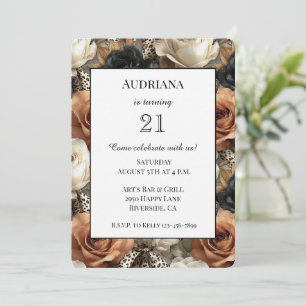 Invitation Orange Épice Or Noir Floral Léopard Anniversaire