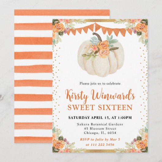 Invitation Orange et blanc Citrouille Floral Fall Sweet 16 (Devant / Derrière)