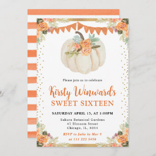 Invitation Orange et blanc Citrouille Floral Fall Sweet 16