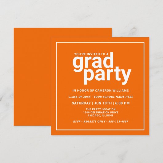 Invitation Orange et blanc Moderne de base Grad Party (Devant / Derrière)