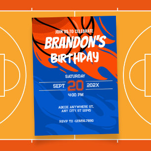 Invitation Orange et bleu jouant Basketball anniversaire feu
