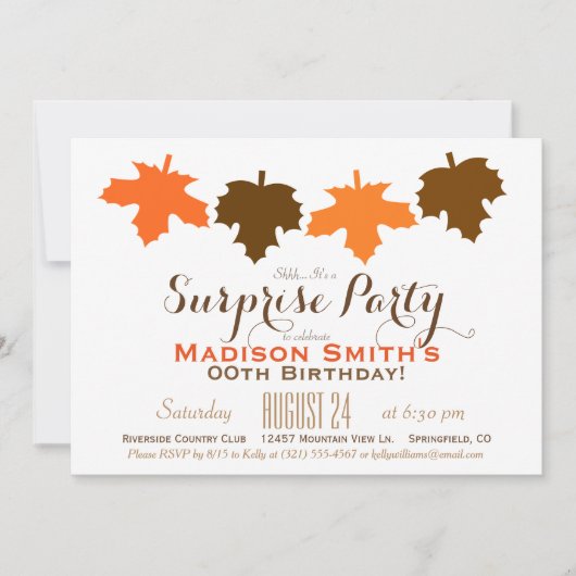 Invitation Orange et Brown automne Feuilles Anniversaire Surp (Devant)