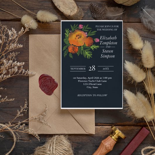 Invitation Orange et marine Floral Moderne Gras Mariage