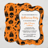 Invitation orange et noire de partie de Halloween (Devant / Derrière)