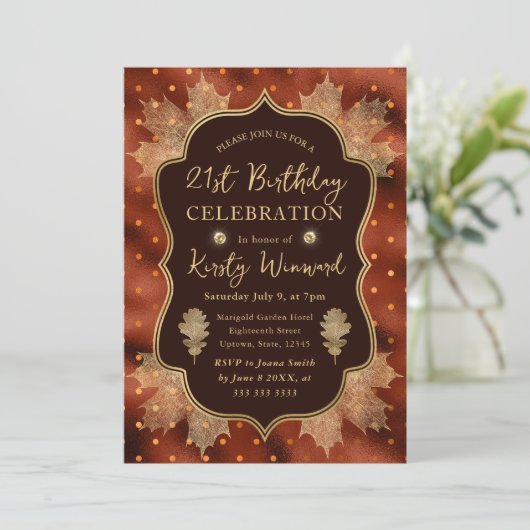 Invitation Orange et or automne Feuilles automnales 21e anniv (Debout devant)
