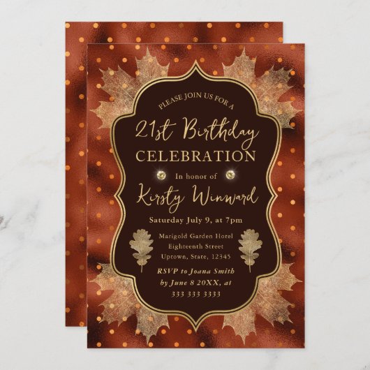 Invitation Orange et or automne Feuilles automnales 21e anniv (Devant / Derrière)