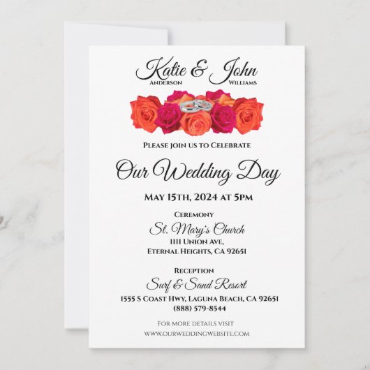 Invitation Orange et rose en fleurs et brillance - (Devant)