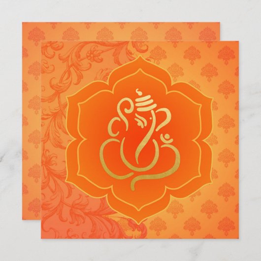 Invitation Orange Ethnic Damask Gold Ganesh Mariage indien (Devant / Derrière)