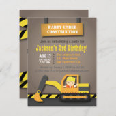 Invitation Orange Excavator Thème de construction Anniversair (Devant / Derrière)