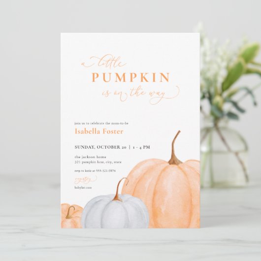 Invitation Orange Fall Little Citrouille Baby shower Invitati (Debout devant)