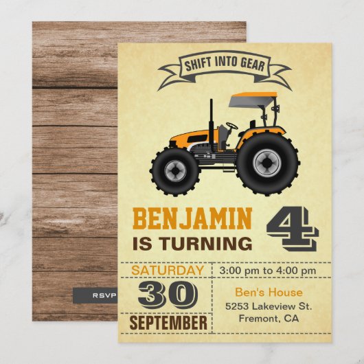 Invitation Orange Farm Tractor Anniversaire de enfant Party I (Devant / Derrière)