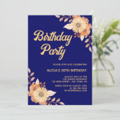 Invitation Orange Fleur Botanique Or Marine Bleu Anniversaire (Debout devant)