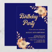 Invitation Orange Fleur Botanique Or Marine Bleu Anniversaire (Devant / Derrière)