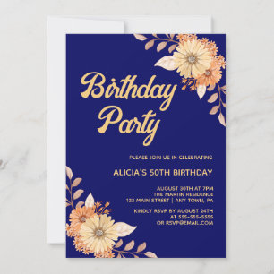 Invitation Orange Fleur Botanique Or Marine Bleu Anniversaire