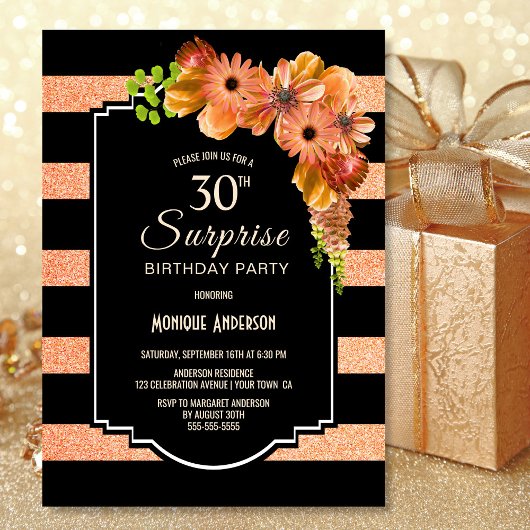 Invitation Orange Floral Black Stripe Surprise 30e anniversai