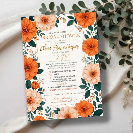 Invitation Orange Floral Bride To Be Party Invite