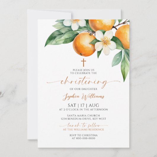 Invitation Orange Floral Christening (Devant)