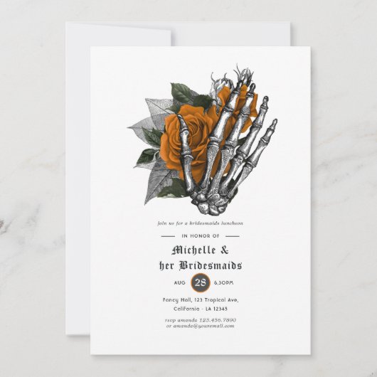 Invitation Orange Floral Gothique Skulls Bridesmaiers Déjeune (Devant)