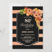 Invitation Orange Floral Noir rayé 80e fête d'anniversaire (Devant)